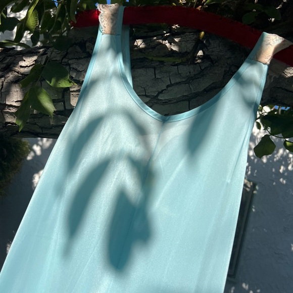 Vtg Baby Blue V-Neck Sleeveless Slip Dress with Floral Lace Neckline | Small - Picture 11 of 17